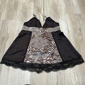 Women’s Candy Rain Tank‎ Large L Brown Print Animal Y2K Lace Baby Doll